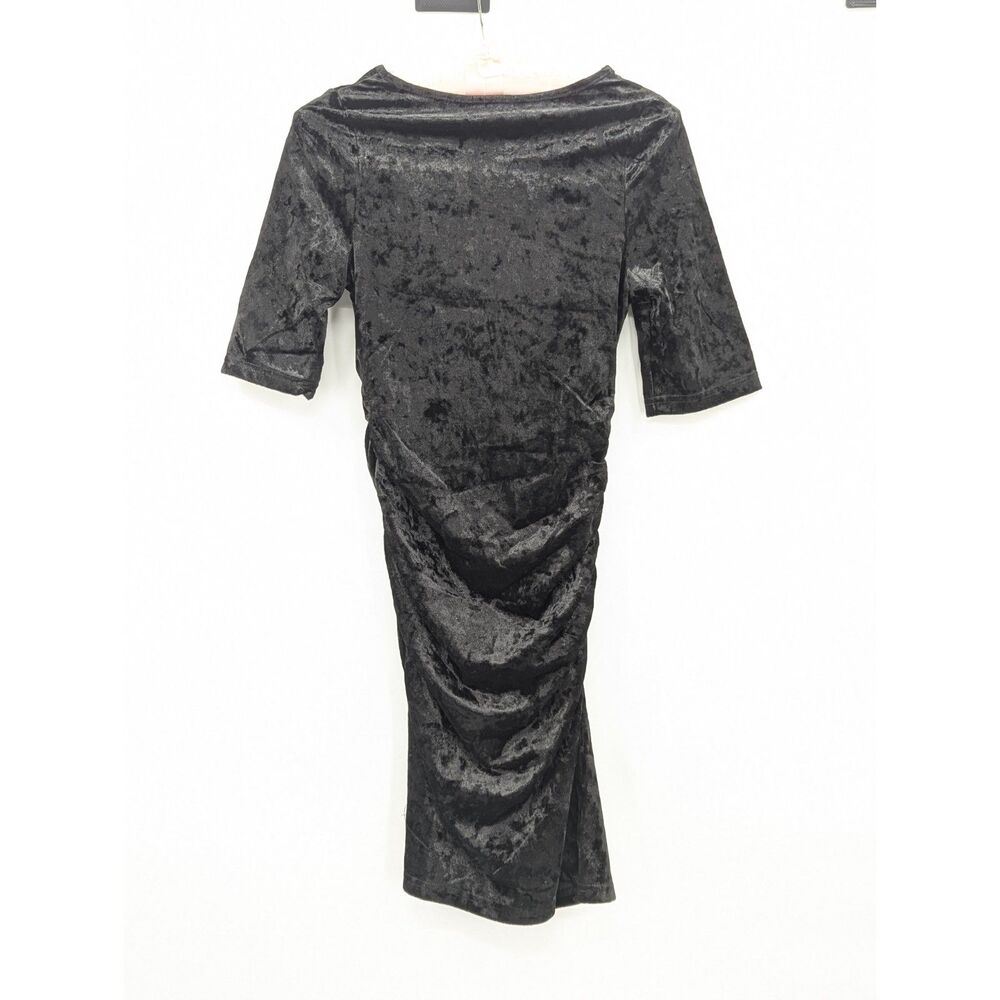 Goth Black Velvet Stretch Bodycon 3/4 Sleeve Mesh Crewneck Midi Dress Medium - Picture 2 of 8